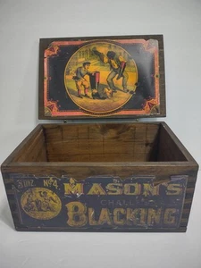 Antique Masons Challenge Blacking Boot Black Dovetailed Wooden Store Box Crate - Picture 1 of 15