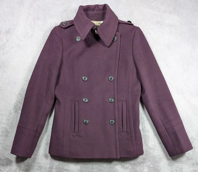 J Crew 女式羊毛豌豆外套夹克中号梅紫色双排扣豪华 — 第 1/4 张图片