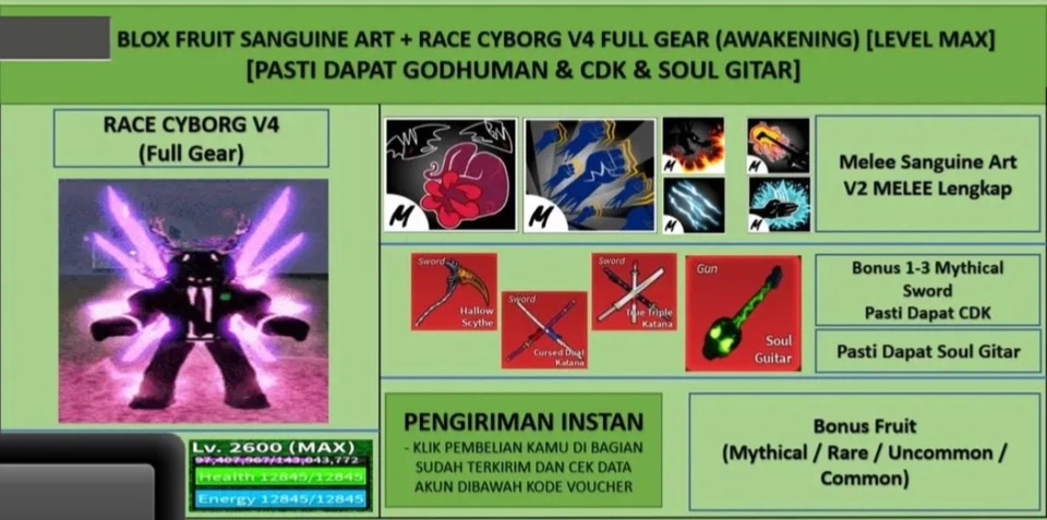 ROBLOX Blox Fruits | Sanguine Art + Race Cyborg V4 Full Gear (Awakening) GH + CDK + SG