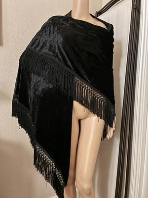 РЕДКАЯ! винтажный TADASHI черный измельченный бархат бахромой шаль надежном - Изображение 1 из 4