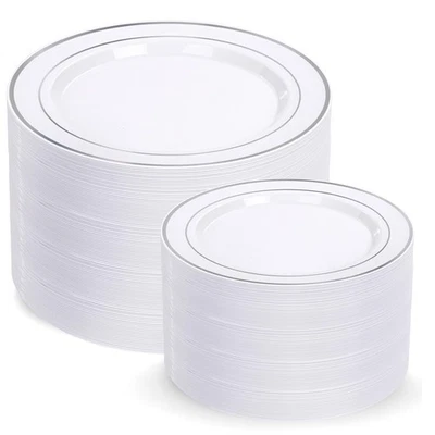 Platos de plástico plateados 200 piezas - Platos de fiesta desechables plateados incluyen 100 di... Foto 1 de 4