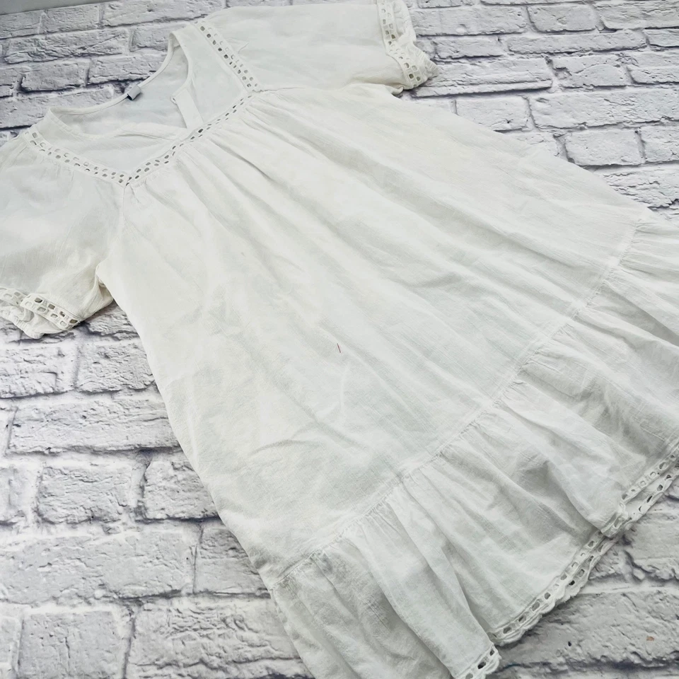 Antiguo Vestido Boho Midi Blanco Azul Marino En Niveles Volantes Crochet Ribete XL Algodón Ligero Foto 1 de 4