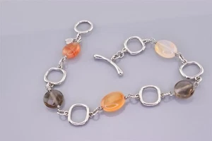 J&T Sterling Silver Smoky Quartz Circle Linked 925 Toggle Bracelet 7.5" - Picture 1 of 5