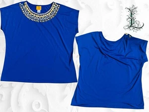 Ruby Rd. Blue Short Sleeve Blouse with Large Beading Accent at Collar - Large - Picture 1 of 8