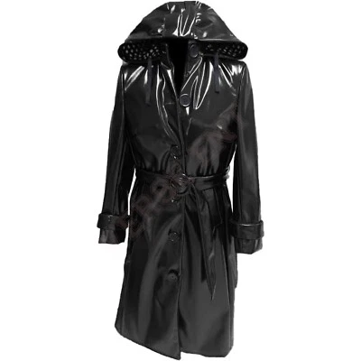 Women's PVC Leather Trench Vinyl Shiny Light Weighted Raincoat Hood Trench Coats - Image 1 of 4