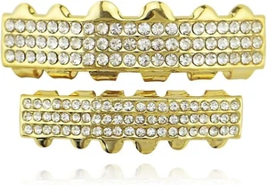 Custom Fit Hip Hop Iced CZ 14K Gold Plated Teeth Grillz Upper & Lower Set 6 Rows - Picture 1 of 1
