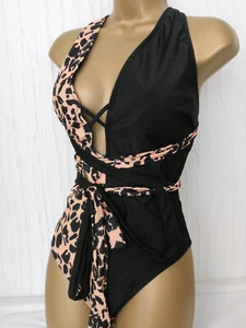 BLACK / PALE ORANGE SHEIN LEOPARD MULTIWAY WRAP SWIMSUIT SIZE 2XL NEW SWIMWEAR - Picture 1 of 2