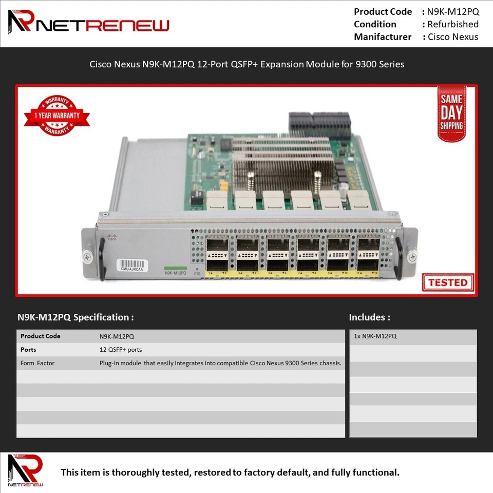 Cisco Nexus N9K-M12PQ 12-Port QSFP+ Expansion Module for 9300 Series - Image 1 of 1