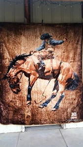 COWBOY RIDING BUCKING HORSE BRONCO RODEO QUEEN SIZE BLANKET - Picture 1 of 1