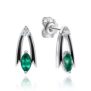 18K White Gold Earrings With 0.61 Carat Marquise Emerald & Black Enamel Jewelry - Picture 1 of 7