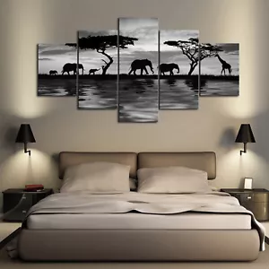 Multi Panel Print Elephant Walk Canvas 5 Piece Picture Wall Art Giraffe Africa - Picture 1 of 11