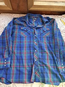 Vintage Wrangler X Long Tail 17,5-36 Tall Western Colorful Plaid Pearl Snap Blue - Bild 1 von 6
