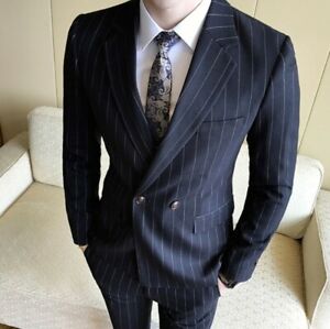 Men's Double Breasted Striped Suit 3PCS Slim Fit Business Formal Dress Wedding L