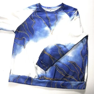 VTG BLUE WHITE GOLD All Over Print 90’s 2XL Poly Spandex Womens Geometric - Picture 1 of 5