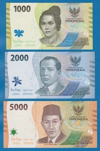 3 Notes! Indonesia NEW Design 2022, 1000 + 2000 + 5000 Rupiah UNC P- 162 163 164 - Picture 1 of 2