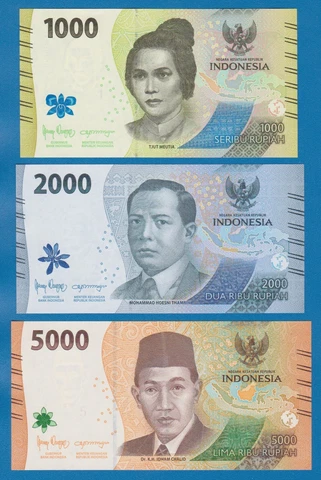 3 Notes! Indonesia NEW Design 2022, 1000 + 2000 + 5000 Rupiah UNC Cover