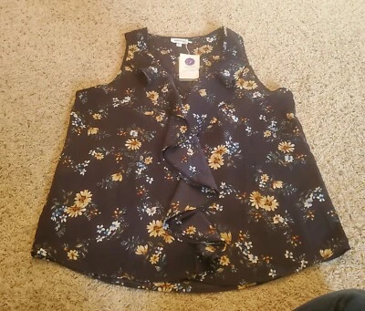 Blusa Mittoshop Sin Mangas Azul Marino Floral Cuello en V, Talla Pequeña (Funciona Grande) NUEVA Foto 1 de 4