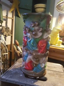 ANTIQUE CHALKWARE VASE HEDIONISTIC ART SCULPTURE HANDPAINTED NUDE ROMANESQUE 11" - Picture 1 of 22
