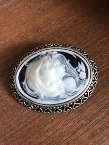 Vintage Sterling Silber Zwei Schwestern Kamee Brosche signiert Leclaire - Bild 1 von 8