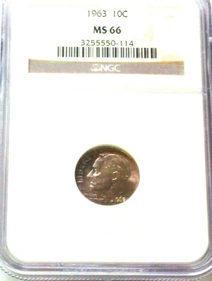 NGC SUPERB GEM SILVER LIGHT LAVENDER GOLDS RAINBOWS 1963 NGC MS66 ROOSIE SILVER  - Image 1 of 2