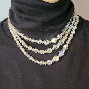 Vintage Mid-century Crystal Beaded Necklace, 3 Strands, AB, Graduated wh02-22 - Picture 1 of 5