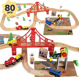 TOY Life Train Set 80pcs Wooden with Crane, Tracks... - Picture 1 of 7