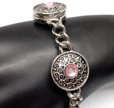 Unmarked Silver tone Charm Bracelet w/ Scroll work and Pink Rhinestone Charms - Image 1 of 4