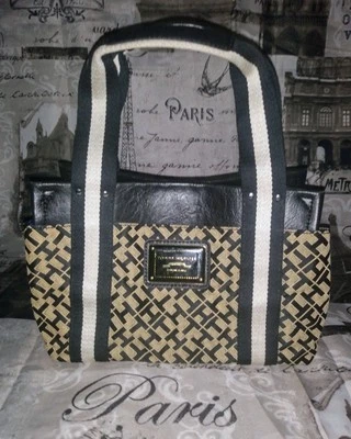 TOMMY HILFIGER Blk/Tan/Cream Sig. Monogram Logo Canvas Satchel Tote Bag GREAT ❤️ - Image 1 of 4
