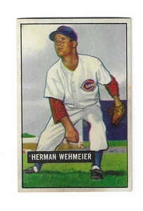 1951 Bowman HERMAN WEHMEIER Cincinnati Reds 144 blurry water stain on back - Afbeelding 1 van 2