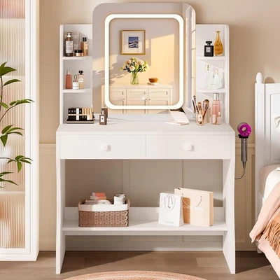 Small Makeup Vanity Desk Smart LED Mirror, Hairdryer Rack, Power-Outlet - Image 1 of 4