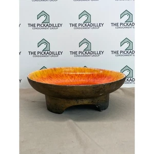 Vintage Glazed Ceramic Footed Bowl Orange Yellow Retro Decor - Picture 1 of 6