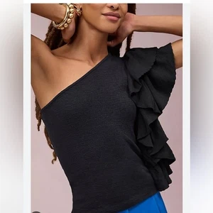 Anthropologie schwarz Baumwolle One Shoulder Rüschen Top Größe Large - Bild 1 von 7