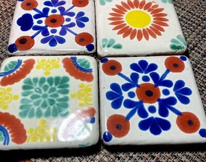Set of 4 OLD Handmade/Painted Tiles Floral 4 1/2" x 3/4" Heavy - Picture 1 of 7