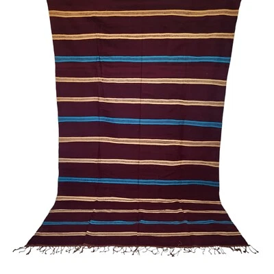 Vintage Handmade Moroccan Wool Brown Rug Cream Blue Stripes Berber Tribal Carpet - Image 1 of 4