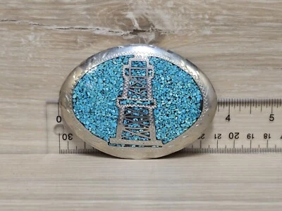 Fivela de cinto vintage prata e óleo turquesa Derrick nativo americano assinada CB - Imagem 1 de 2