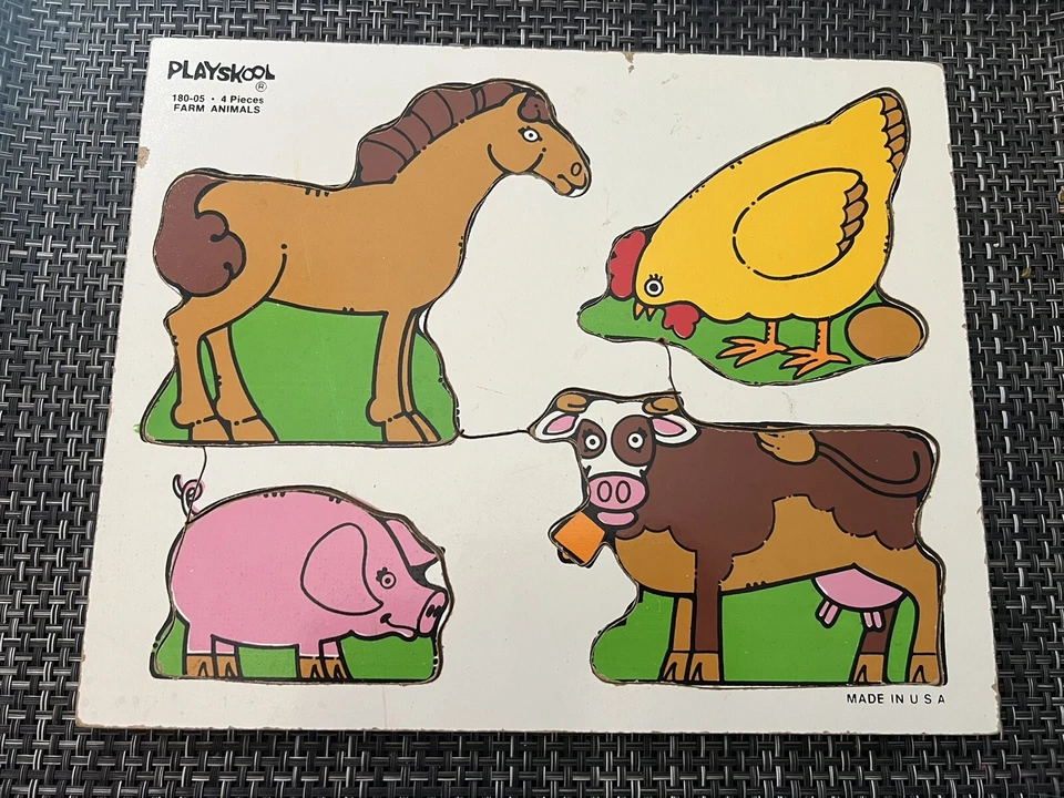 Playskool Farm Animals 4 Pcs Childrens Wood Puzzle Toy #180-05 Vtg 80s Horse Cow - Image 1 of 4