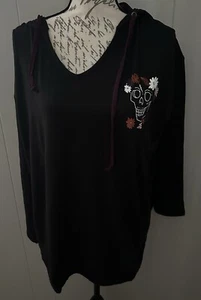 Lularoe Eliza Long Sleeve Top Shirt Hoodie 2XL Leggings Material Flower Skull - Picture 1 of 5