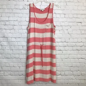 Olive Oak Striped Scoop Tank Dress Large Peach Cream Drawstring Waist Sleeveless - Picture 1 of 8