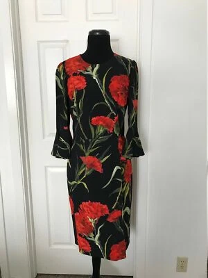 Vestido Dolce & Gabbana Manga Campana Estampado Clavel, Negro/Rojo TALLA IT46/10 EE. UU. NUEVO Foto 1 de 4