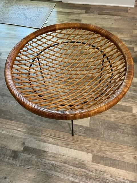 Circular Rattan And Iron Catch All Coffee Table 1950's Vintage - Image 1 of 4