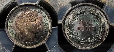 1894 Barber Dime 10c PCGS MS 64 Nice Toning Cover