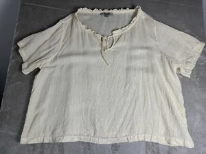 FLAX Linen Cotton Top Short Sleeve Women Size 3X Natural Ruffle Neck Lagenlook - Picture 1 of 9
