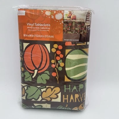 Fall Harvest Vinyl Tablecloth 60x84 Pumpkins Leaves Thanksgiving Decor NOS 2016 - Image 1 of 4