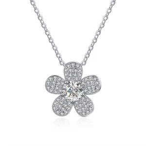 5mm Round Moissanite Flower Pendant Necklace Women Chain 925 Sterling Silver GRA - Picture 1 of 12