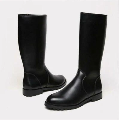 Men Black Leather Knee High Riding Boots Round Toe Side Zipper Combat Shoes Size - Image 1 of 4