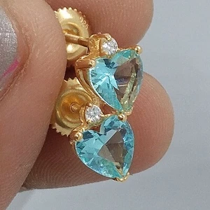 2 Karat Herz Labor Erstellt Aquamarin & Cz Gelb Vergoldet Solitaire Ohrstecker - Bild 1 von 9