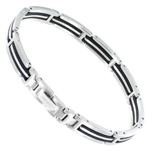 Rochet Roma Brushed/Shiny Stainless Black Carbon Composite Inserts Mens Bracelet - Picture 1 of 5