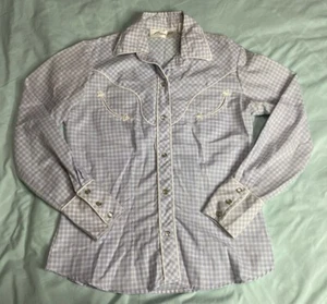 Vtg 70s Western Style Button Down Shirt Top Plaid Pearl Snaps Blue Retro 11/12 - Picture 1 of 10