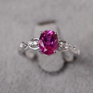 Pink Ruby Dainty Women Ring Lab Created Oval Gemstone 925 Sterling Silver Ring - Picture 1 of 5