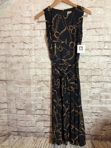 Anne Klein Midi Dress Womens 6 Black & Gold Chain Link Print Belted Stretch - Picture 1 of 13